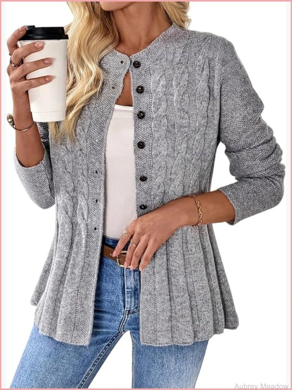 Long Sleeve Button Up Cable Knit Cardigan Crewneck Cozy Fall Winter Sweater